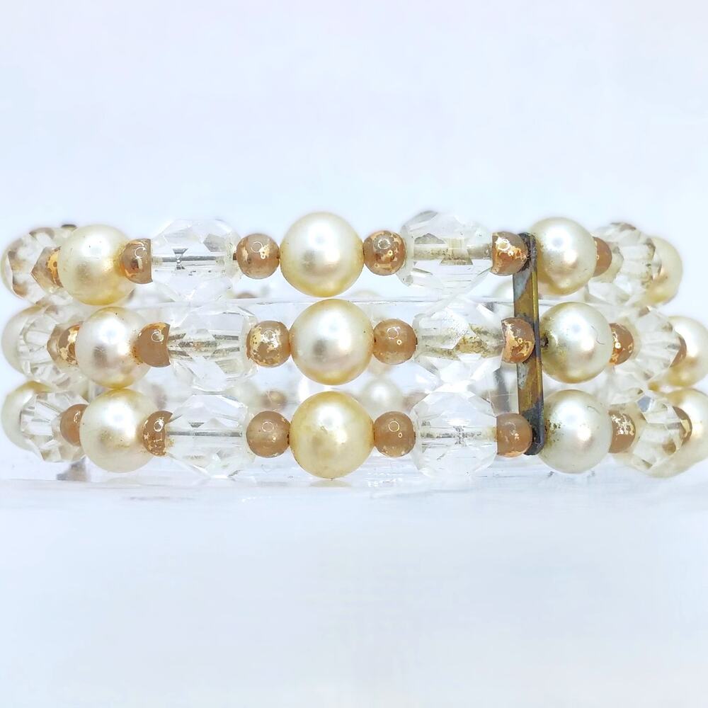 Vintage Faux Pearl Cuff Bracelet Three Strands Flex Fit Crystal Beaded Classic - Picture 9 of 10